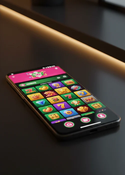 Screenshot of Lollipop Casino's vibrant homepage showing popular slot games, welcome bonus banner, and daily tournament information, all designed for players.