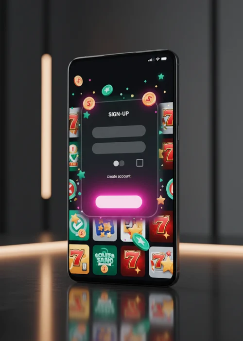 Screenshot showing the first step of Lollipop Casino's secure 6-step registration process on a mobile device, with fields for email and password, designed for players.